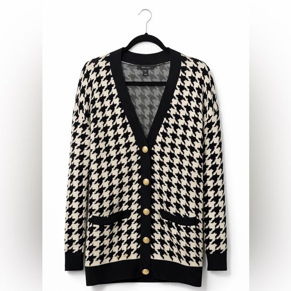 RW&CO Black & Ivory Houndstooth Knit Cardigan | Gold Buttons | Size M - Picture 2 of 6